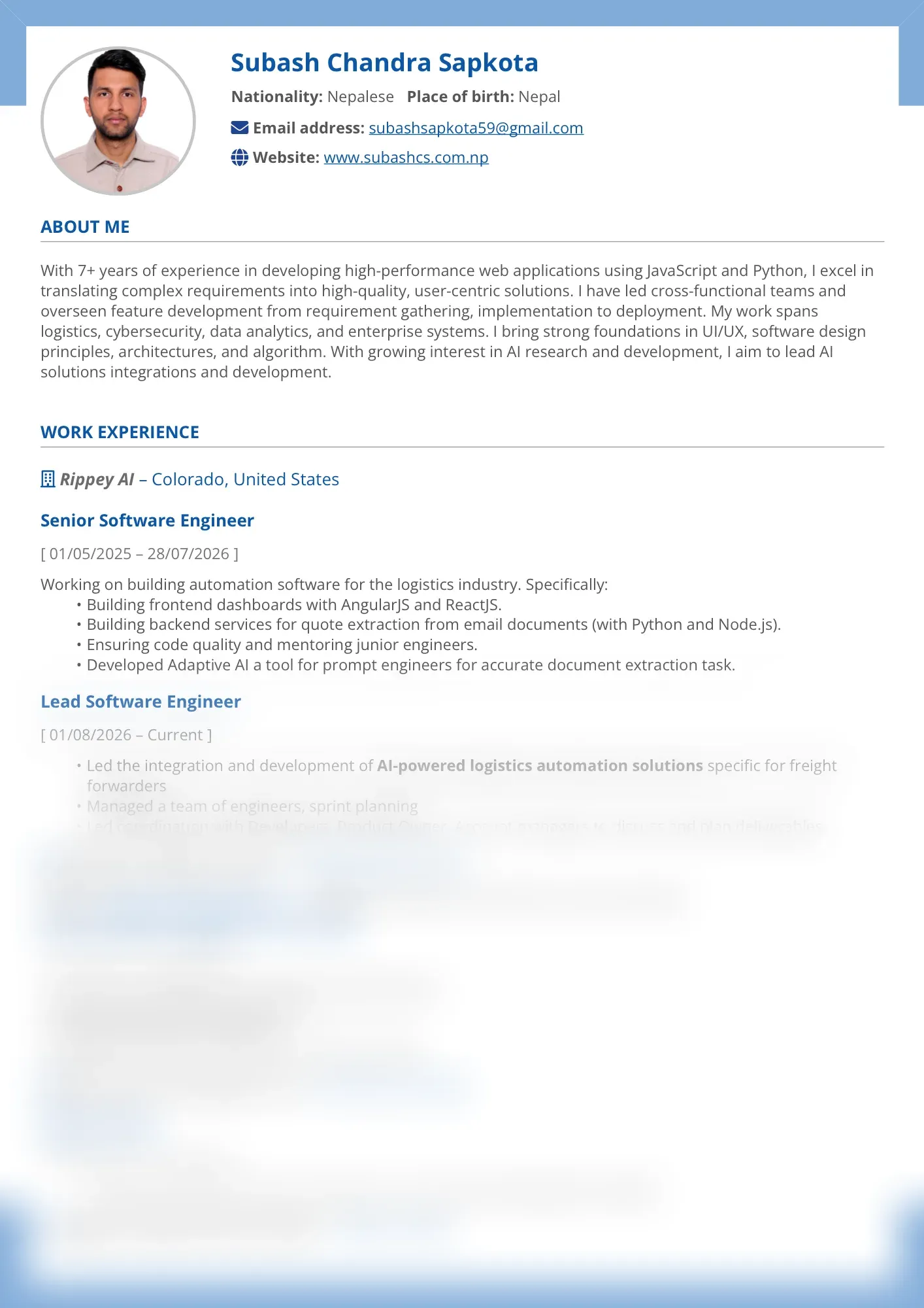 Partially blurred preview of Subash Chandra Sapkota’s CV